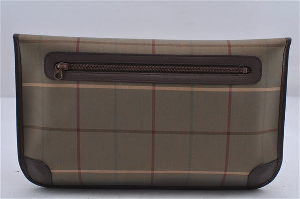 Authentic Burberrys Vintage Check Canvas Clutch Hand Bag Khaki Green Brown 7084C
