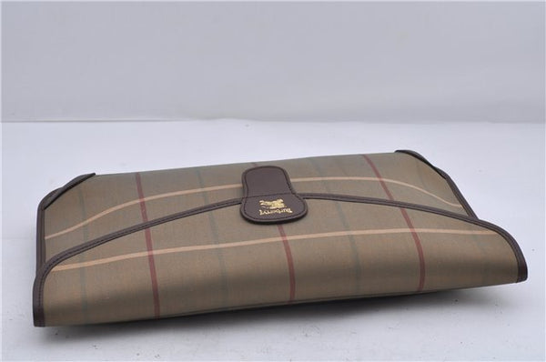 Authentic Burberrys Vintage Check Canvas Clutch Hand Bag Khaki Green Brown 7084C