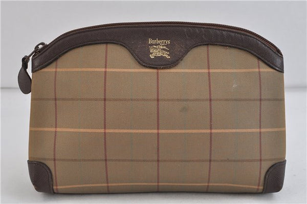 Authentic Burberrys Vintage Check Canvas Clutch Hand Bag Khaki Green Brown 7085C