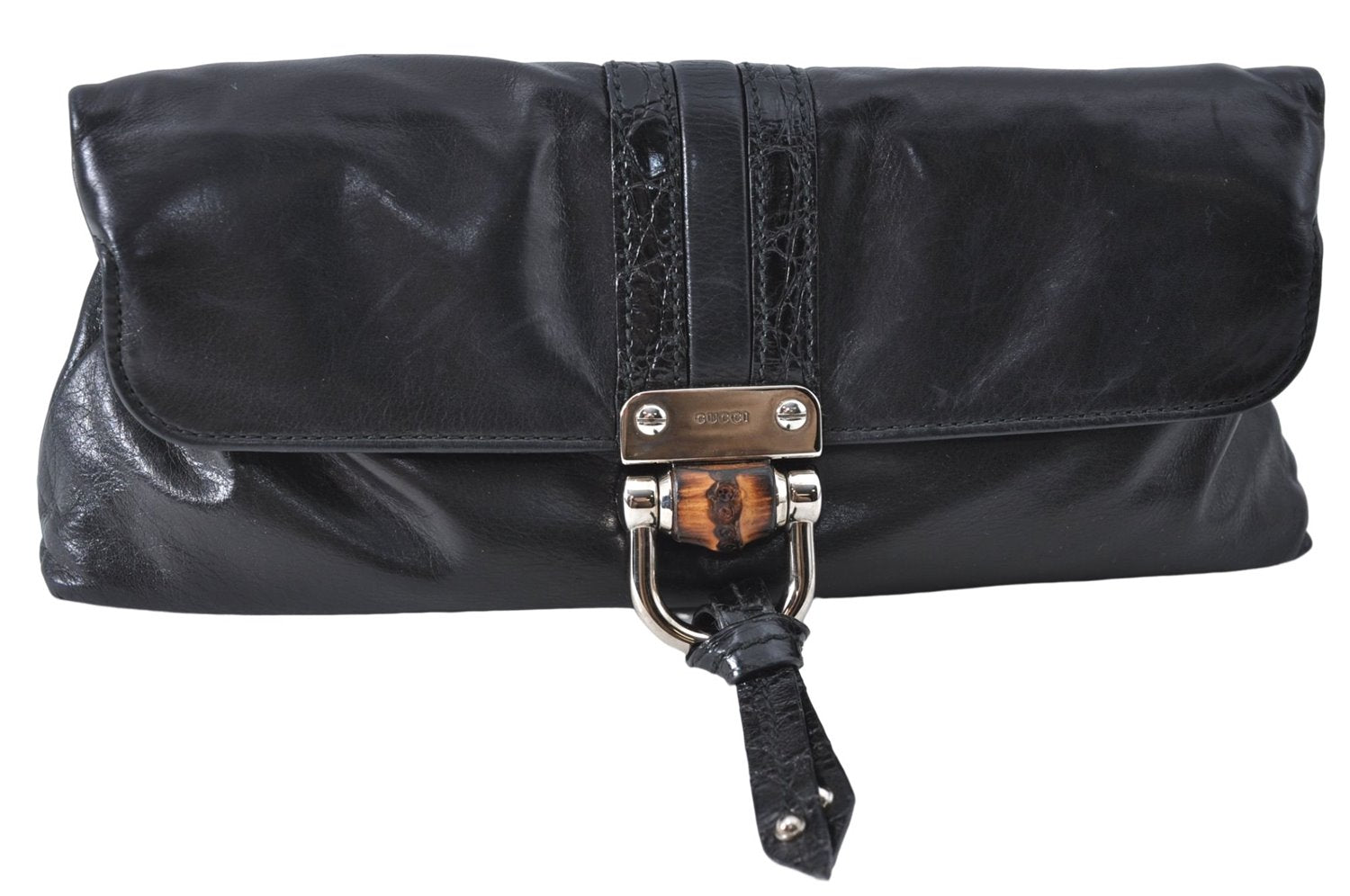 Authentic GUCCI Bamboo Clutch Hand Bag Purse Leather 235321 Black 7086D