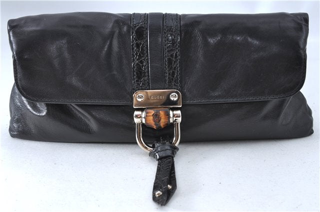Authentic GUCCI Bamboo Clutch Hand Bag Purse Leather 235321 Black 7086D