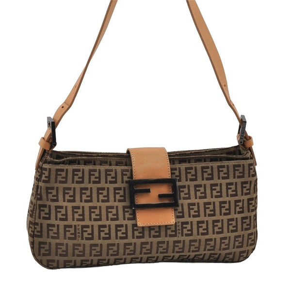 Authentic FENDI Zucchino Shoulder Bag Purse Canvas Leather Brown 7113I