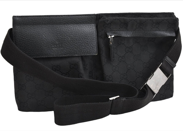 Authentic GUCCI Waist Body Bum Bag Purse GG Canvas Leather 28566 Black 7157E