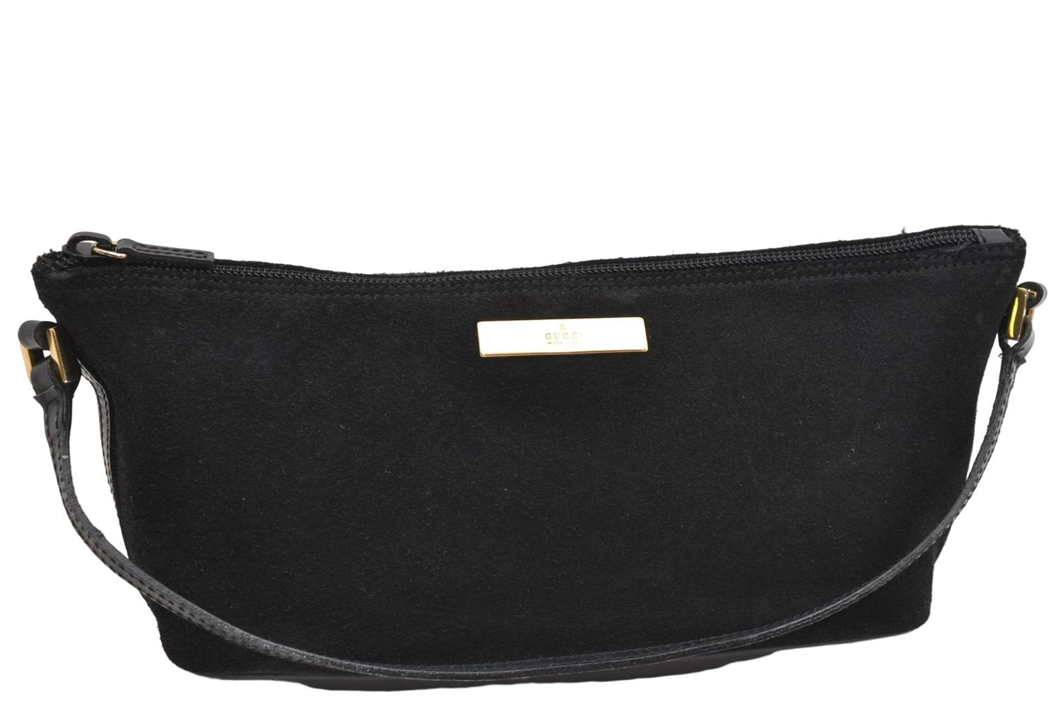 Authentic GUCCI Hand Bag Pouch Purse Suede Leather 0391103 Black 7159D