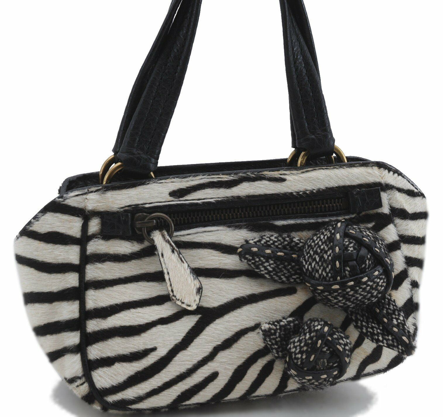 Authentic PRADA Zebra Unborn Calf Leather Hand Bag White Black 7173A