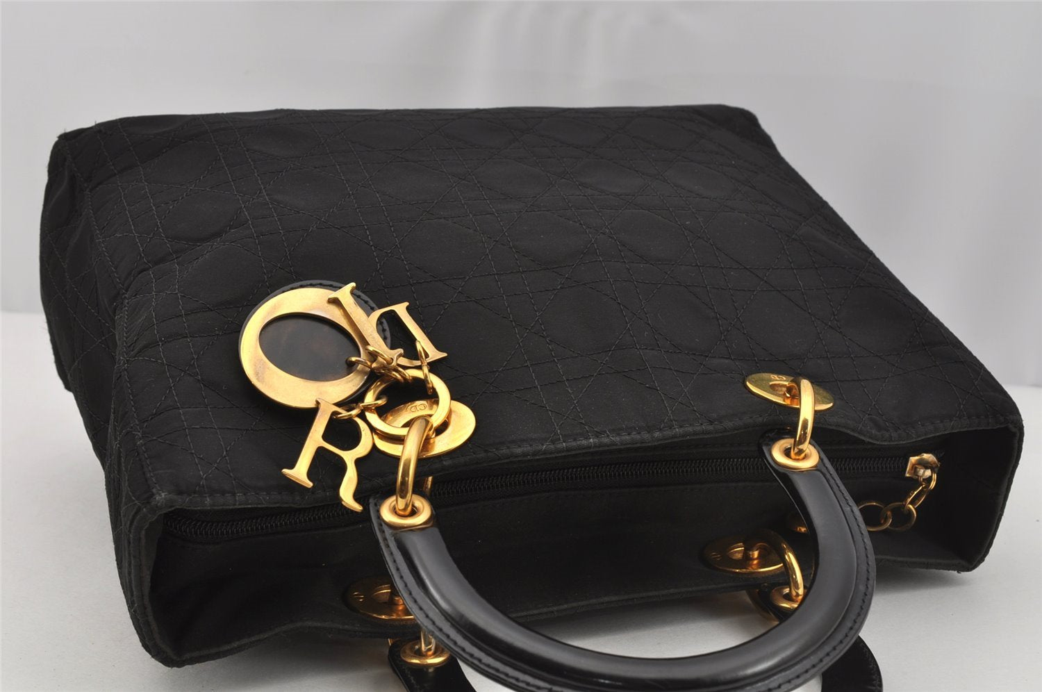 Authentic Christian Dior Lady Dior Cannage Nylon 2Way Hand Bag Black CD 7177I