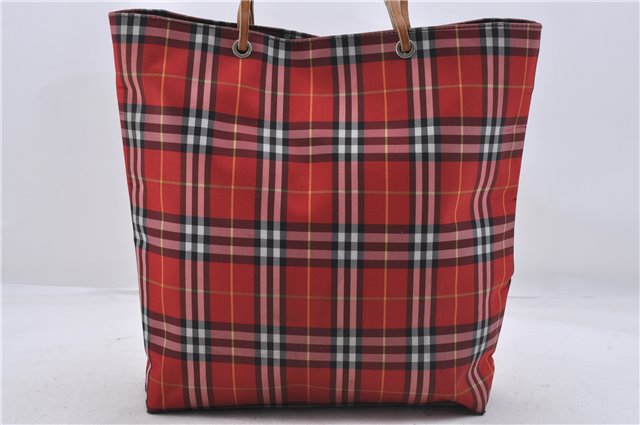 Authentic BURBERRY Vintage Nova Check Nylon Leather Shoulder Tote Bag Red 7185D