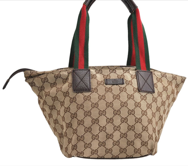 Authentic GUCCI Web Sherry Line Hand Bag GG Canvas Leather 131228 Brown 7190E