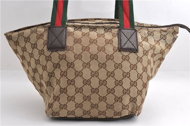 Authentic GUCCI Web Sherry Line Hand Bag GG Canvas Leather 131228 Brown 7190E