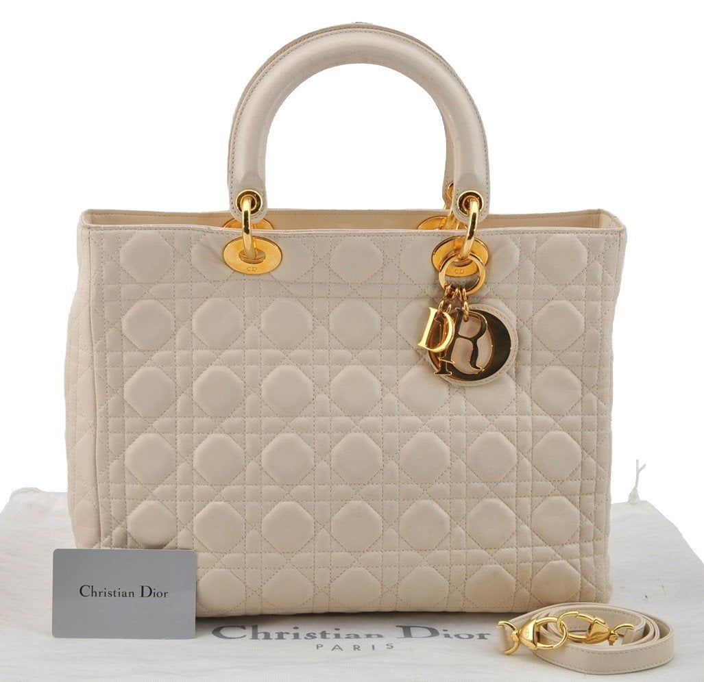 Authentic Christian Dior Lady Dior Lamb Skin Cannage 2Way Hand Bag White 7195I