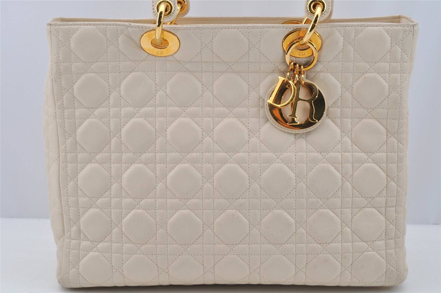 Authentic Christian Dior Lady Dior Lamb Skin Cannage 2Way Hand Bag White 7195I