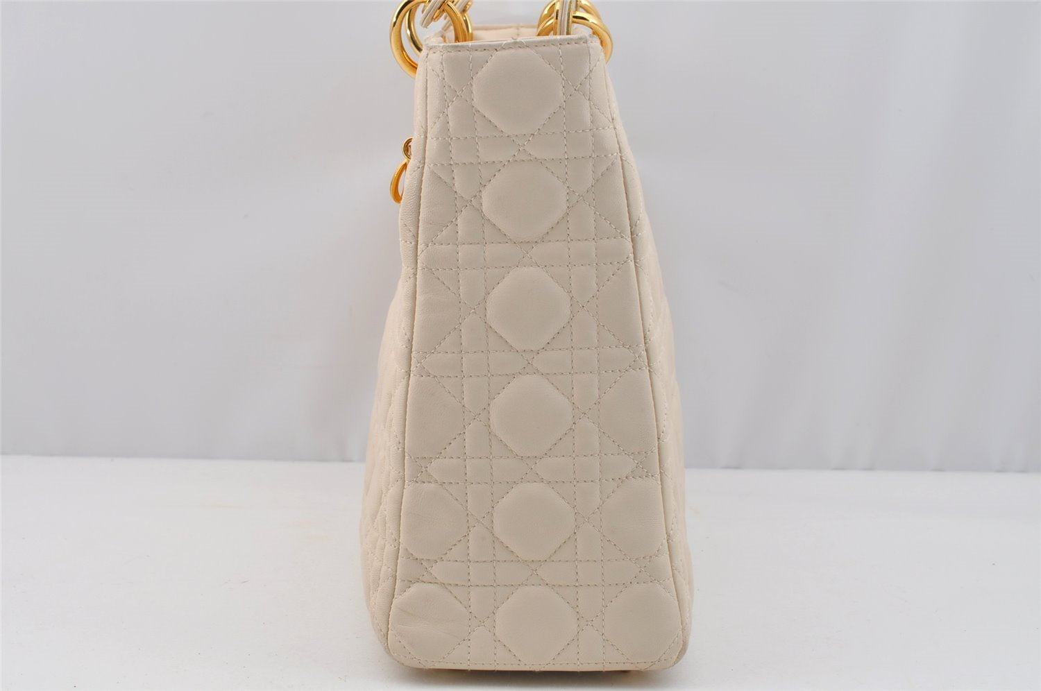 Authentic Christian Dior Lady Dior Lamb Skin Cannage 2Way Hand Bag White 7195I