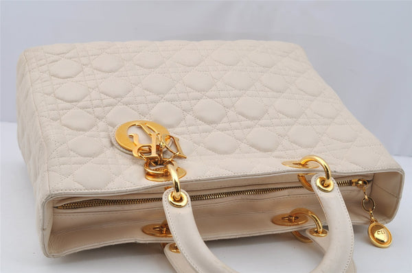 Authentic Christian Dior Lady Dior Lamb Skin Cannage 2Way Hand Bag White 7195I