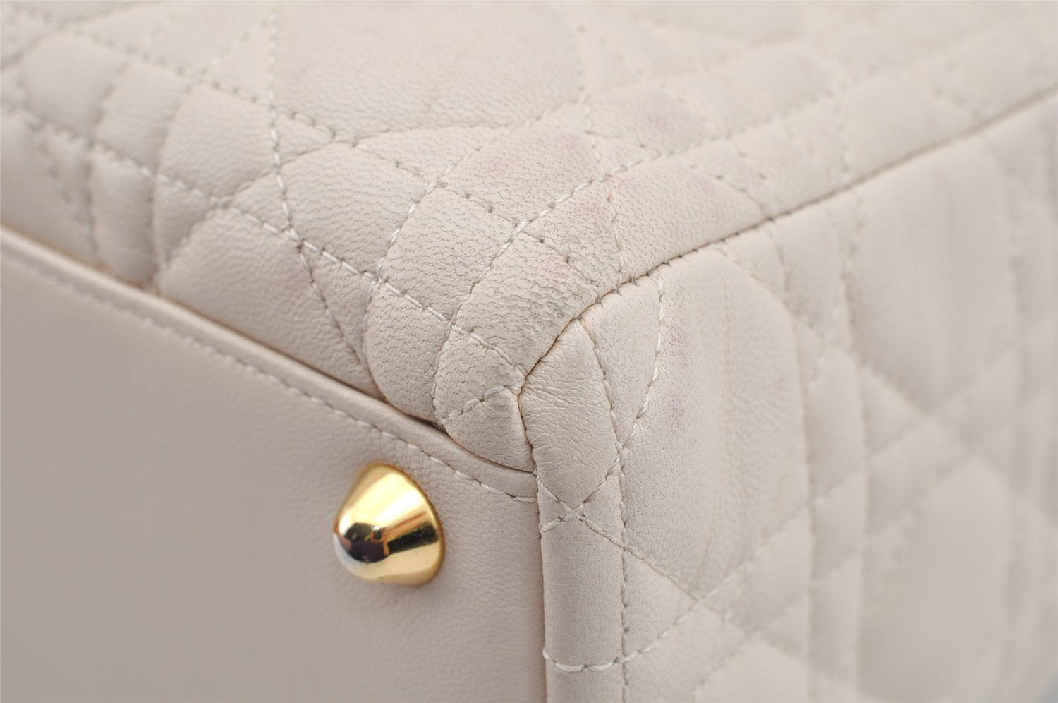 Authentic Christian Dior Lady Dior Lamb Skin Cannage 2Way Hand Bag White 7195I