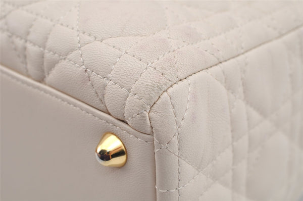Authentic Christian Dior Lady Dior Lamb Skin Cannage 2Way Hand Bag White 7195I