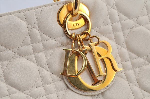Authentic Christian Dior Lady Dior Lamb Skin Cannage 2Way Hand Bag White 7195I