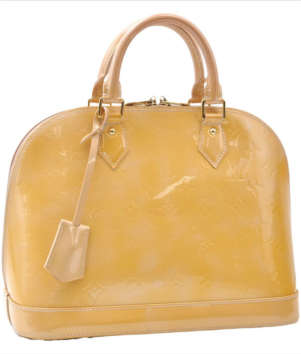 Authentic Louis Vuitton Vernis Alma PM Hand Bag Purse Yellow LV 7216E