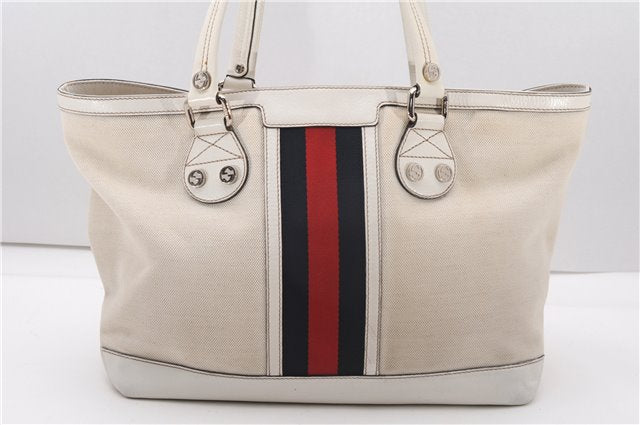 Authentic GUCCI Sherry Line Shoulder Tote Bag Canvas Leather 232973 White 7241F