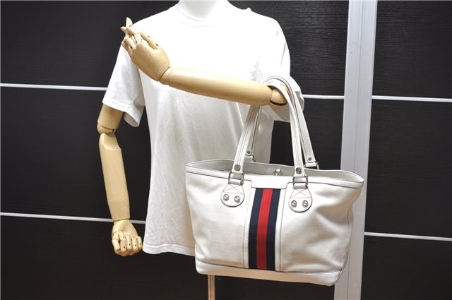 Authentic GUCCI Sherry Line Shoulder Tote Bag Canvas Leather 232973 White 7241F