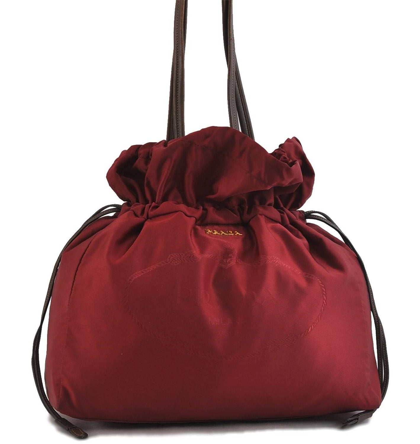 Authentic PRADA Nylon Leather Shoulder Tote Drawstring Bag Purse Red 7248C