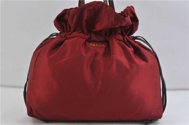 Authentic PRADA Nylon Leather Shoulder Tote Drawstring Bag Purse Red 7248C