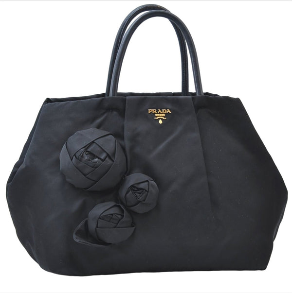 Authentic PRADA Nylon Tessuto Leather Flower Motif Hand Tote Bag Black 7248E