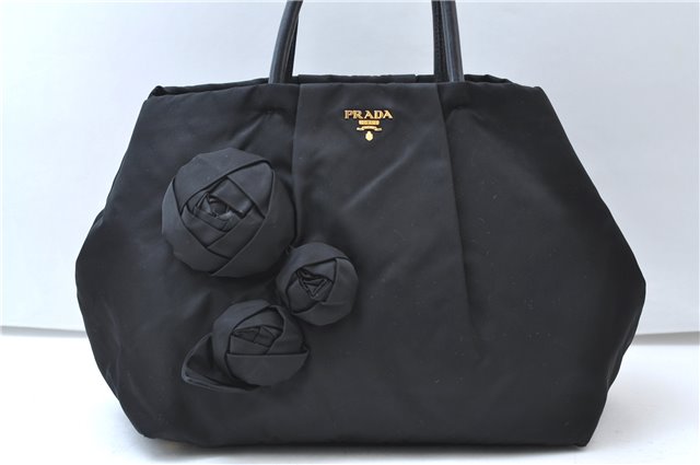 Authentic PRADA Nylon Tessuto Leather Flower Motif Hand Tote Bag Black 7248E