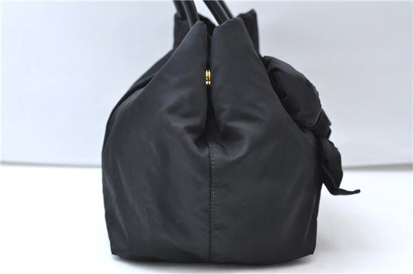 Authentic PRADA Nylon Tessuto Leather Flower Motif Hand Tote Bag Black 7248E