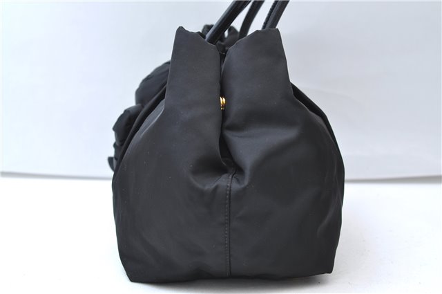 Authentic PRADA Nylon Tessuto Leather Flower Motif Hand Tote Bag Black 7248E