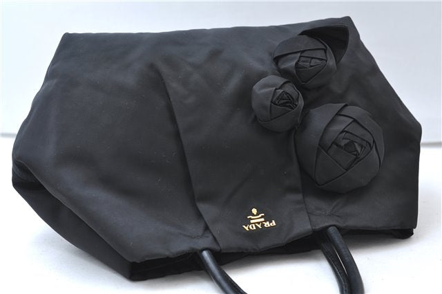 Authentic PRADA Nylon Tessuto Leather Flower Motif Hand Tote Bag Black 7248E