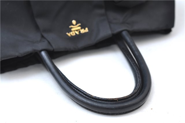 Authentic PRADA Nylon Tessuto Leather Flower Motif Hand Tote Bag Black 7248E