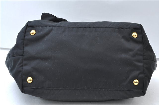 Authentic PRADA Nylon Tessuto Leather Flower Motif Hand Tote Bag Black 7248E