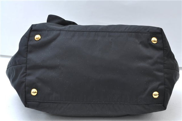 Authentic PRADA Nylon Tessuto Leather Flower Motif Hand Tote Bag Black 7248E