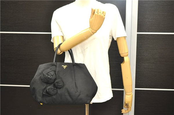 Authentic PRADA Nylon Tessuto Leather Flower Motif Hand Tote Bag Black 7248E