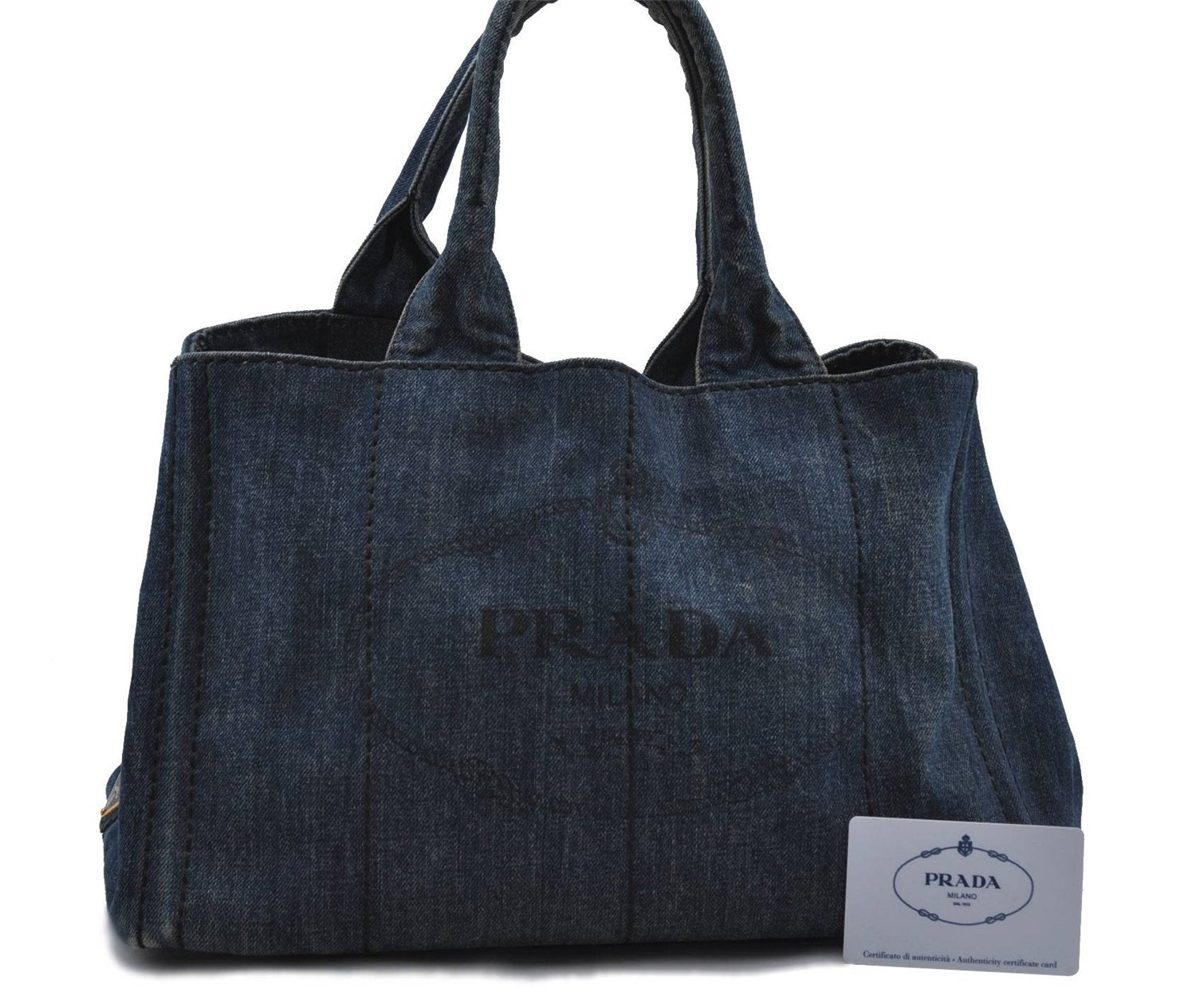 Authentic PRADA Canapa Canvas Tote Hand Bag Purse B1877B Denim Blue 7251C