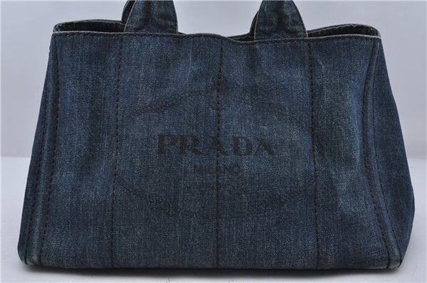 Authentic PRADA Canapa Canvas Tote Hand Bag Purse B1877B Denim Blue 7251C