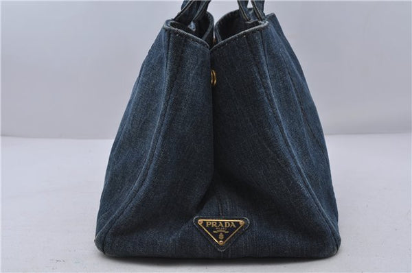 Authentic PRADA Canapa Canvas Tote Hand Bag Purse B1877B Denim Blue 7251C