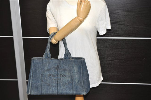 Authentic PRADA Canapa Canvas Tote Hand Bag Purse B1877B Denim Blue 7251C