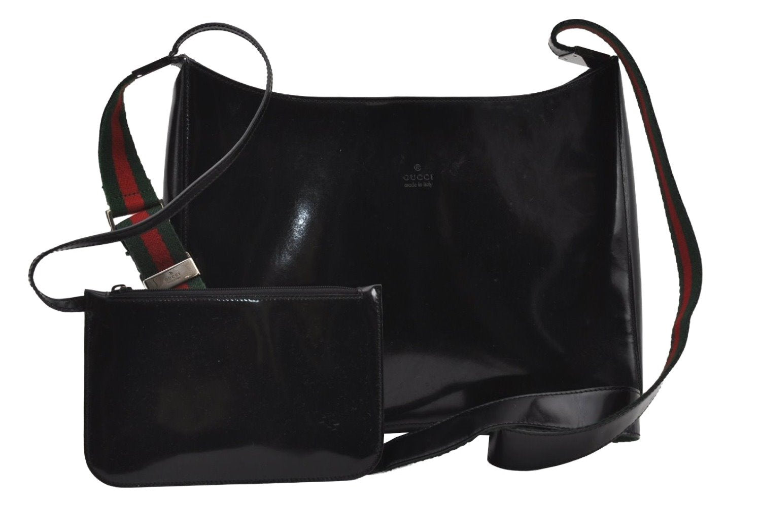 Authentic GUCCI Web Sherry Line Shoulder Cross Body Bag Enamel Black 7262I