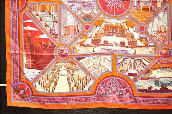 Authentic HERMES Carre 90 Scarf "Flanerie a Versailles" Silk Orange 7263E