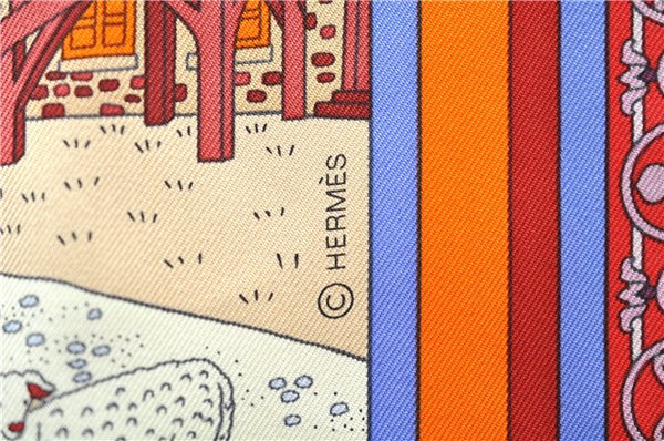 Authentic HERMES Carre 90 Scarf "Flanerie a Versailles" Silk Orange 7263E