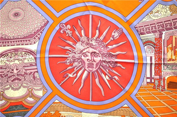 Authentic HERMES Carre 90 Scarf "Flanerie a Versailles" Silk Orange 7263E