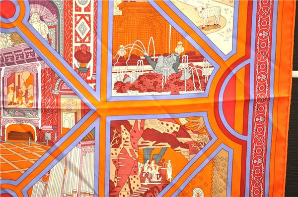Authentic HERMES Carre 90 Scarf "Flanerie a Versailles" Silk Orange 7263E