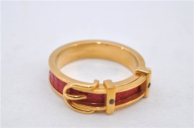 Authentic HERMES Scarf Ring Boucle Sellier Belt Design Red Gold Box 7264E