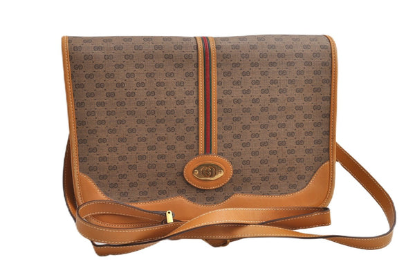 Authentic GUCCI Web Sherry Line Micro GG Shoulder Bag PVC Leather Brown 7268F