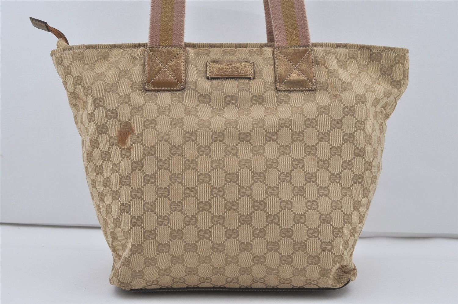 Authentic GUCCI Sherry Line Tote Bag GG Canvas Leather 131231 Beige 7268I