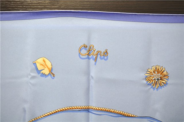 Authentic HERMES Carre 90 Scarf "Clips" Silk Blue 7279E