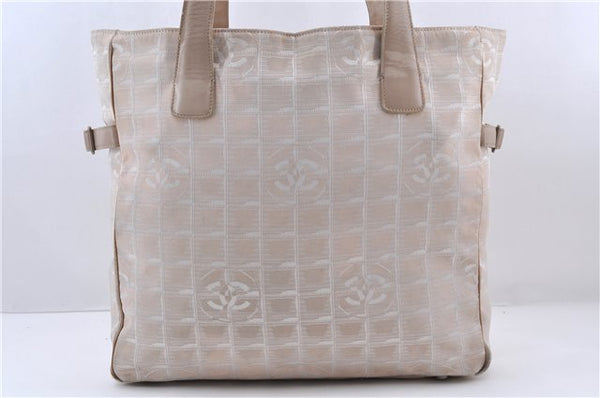 Authentic CHANEL New Travel Line Shoulder Tote Bag Nylon Leather Beige 7281C