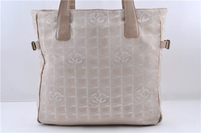 Authentic CHANEL New Travel Line Shoulder Tote Bag Nylon Leather Beige 7281C