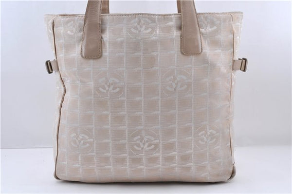 Authentic CHANEL New Travel Line Shoulder Tote Bag Nylon Leather Beige 7281C